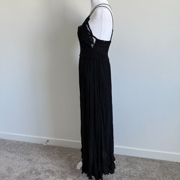 FP One womens Adella Maxi Dress Crochet Smocked spaghetti Strap Black Goth Sz M - Picture 5 of 14